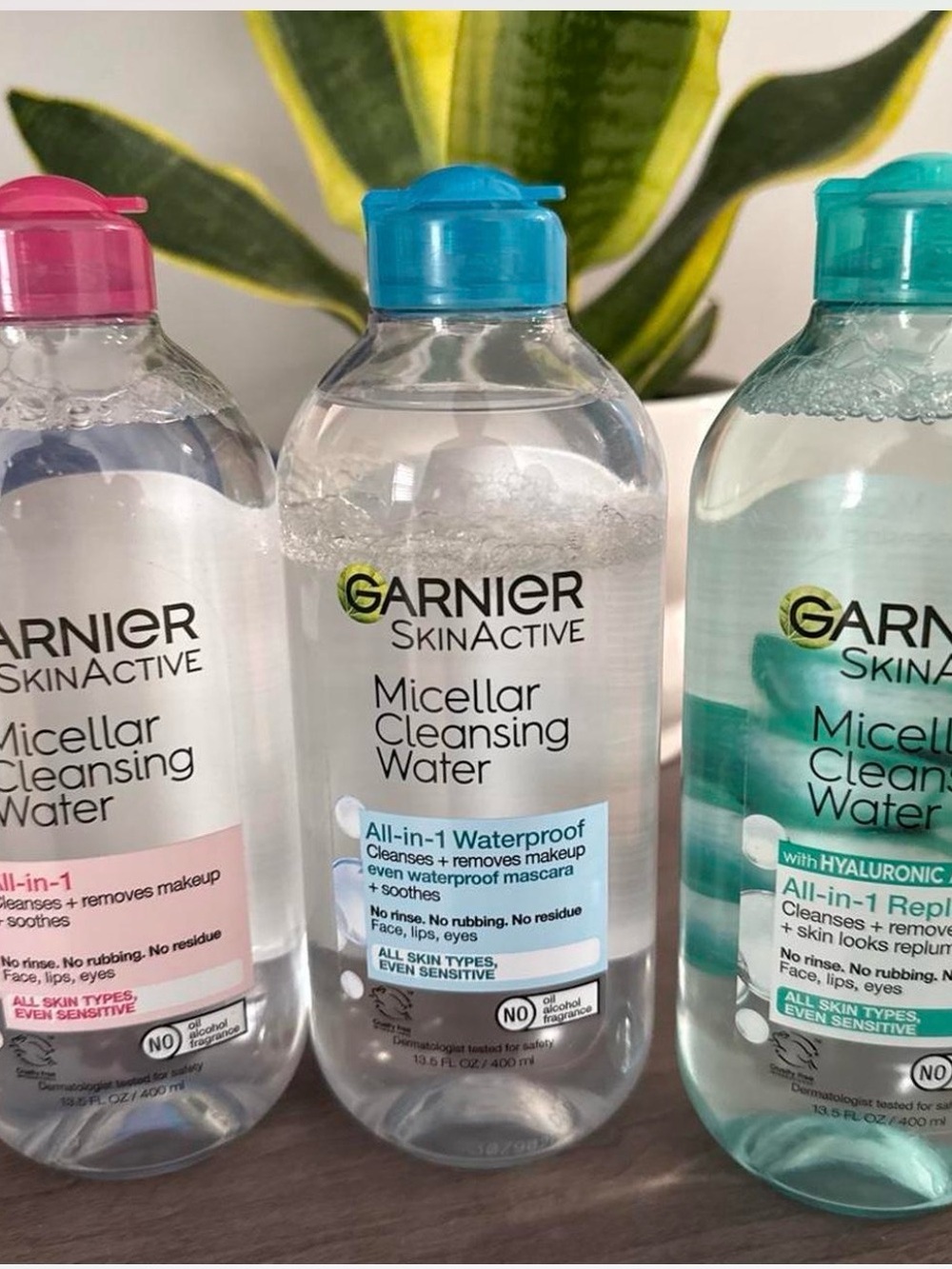Garnier Micellar Cleansing Water Trio with Blue, Pink, and Teal Caps